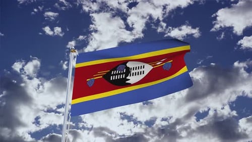 Eswatini National Flag Waving Against Blue Sky