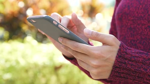Woman using cellphone with autumn scene
