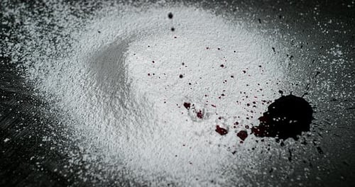Drops of Blood Falling in Cocaine, Drug on Black Background, Slow Motion 4K
