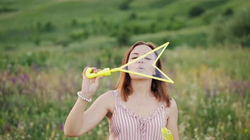 Woman Blowing Soap Bubbles in Sunny Field