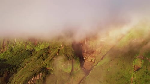 Gorgeous Creeks Among Lush Green Mountains on a Foggy Day