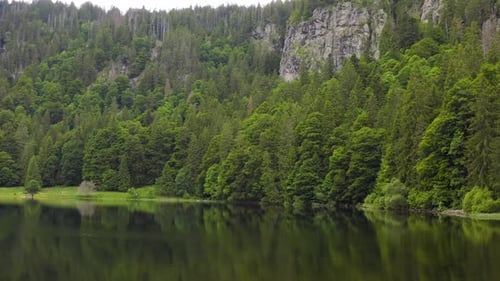 Aerial on Lake Toward Green Forest and Rocky Cliffs