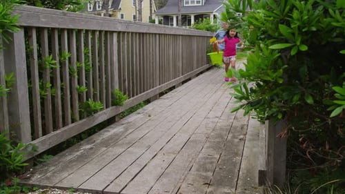 Kids walking across bridge. Shot on RED EPIC for high quality 4K, UHD, Ultra HD resolution.