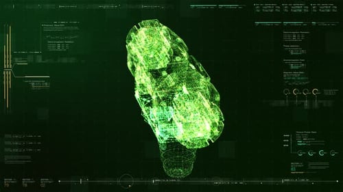 Futuristic Holographic Engine Scan with HUD Data