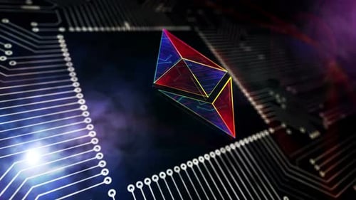 Animated Futuristic Ethereum Symbol on Digital Circuit Board