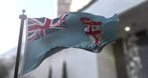 Realistic Fiji National Flag Waving in Wind with Sunlight