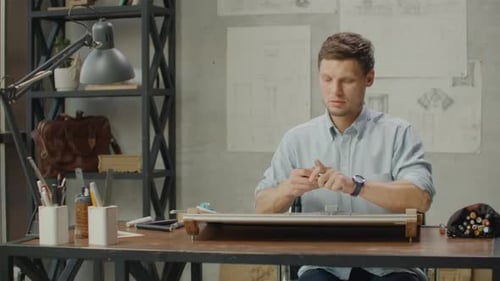 Architect Working on Blueprints in the Workplace