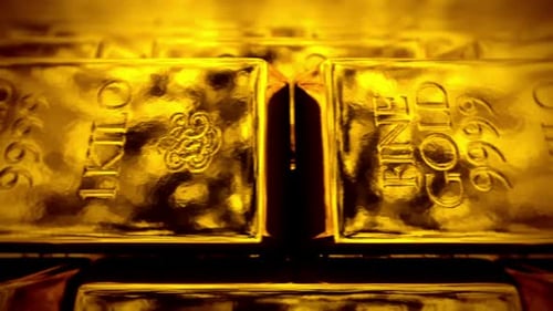 Infinite stack of fortune-worth golden ingots. Top view. Loopable animation. HD