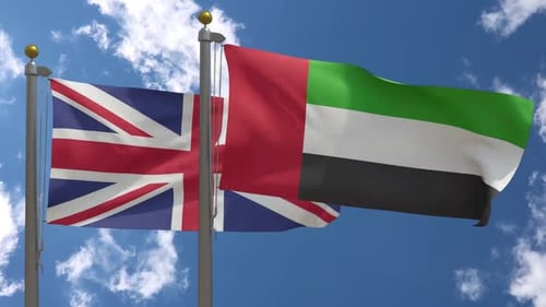 National Flags of United Kingdom and United Arab Emirates Waving