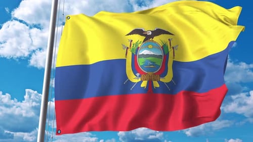 Ecuador National Flag Waving Animation on Blue Sky Background