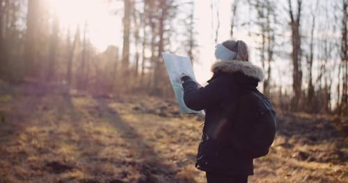 Woman Looking at Map in Forest on Sunny Day