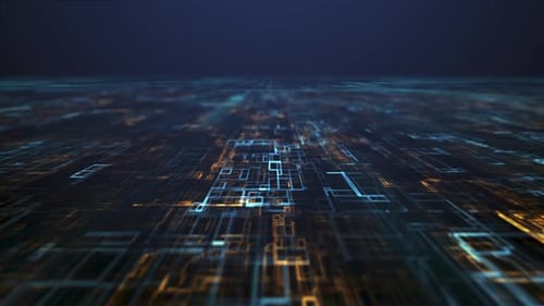 Flying Over a Futuristic Printed Circuit Board in the Process of Digital Processing and Complex