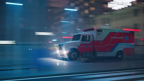 An ambulance on the signal goes through a city. Emergency vehicle at the street