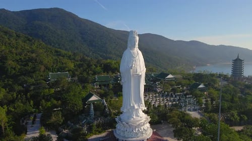 Aerial Shot of the Socalled Lady Buddha in the City of Danang
