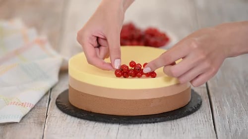 Delicious Mousse Cake Decorating with Fresh Red Currants