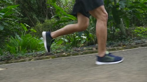 Athletic Man Runs on Path in Tropical Setting