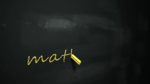 Animation of yellow chalk writing the English word 'mathematics' on a board.