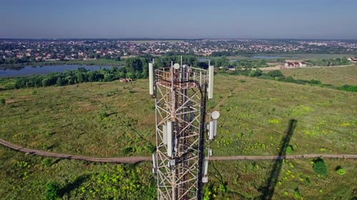 Aerial View of Telecommunications Tower on Rural Landscape