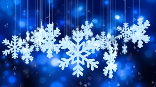 Animated 3D Snowflakes Floating on Blue Bokeh Background Loop