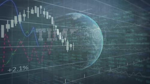 Words Time For Change written over globe and stock market display in the background
