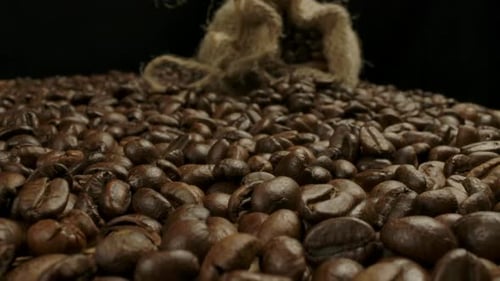 Low Point Macro View of Coffee Beans and Jute Sack
