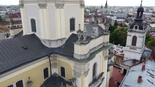 Aerial drone view of a flying over the Catholic Cathedral.
