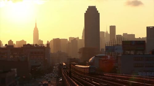 Subway Train in New York at Sunset