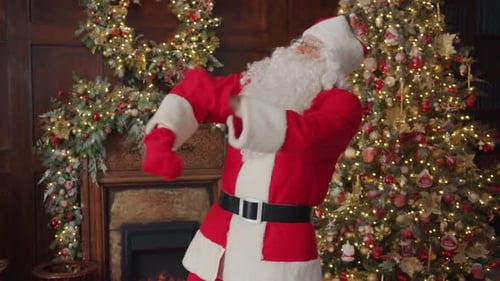 Santa Claus Dances Joyfully Before Decorated Christmas Tree