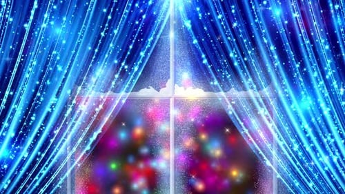 Sparkling Blue Glitter Curtains with Festive Bokeh Window Display