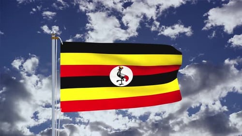 Uganda National Flag Waving in Cloudy Sky Animation