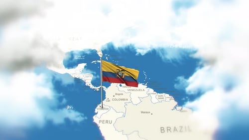 Ecuador Flag Waving Over South America Map Animation