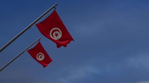 Tunisian Flags Waving Against Blue Sky