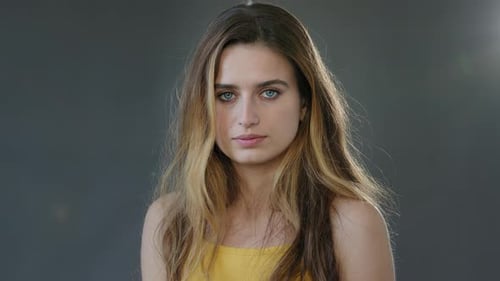 Studio Shoot Portrait on Gray Background Young Beautiful Serious Pensive Confident Girl Model Blonde