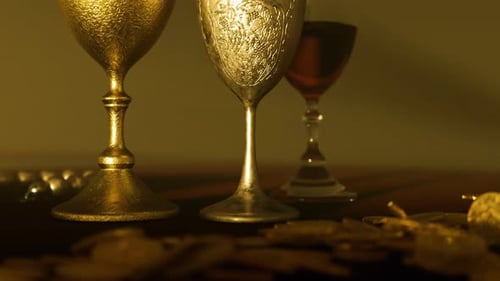 Medieval table. Goblets with red wine, jewellery, gold coins and precious stones