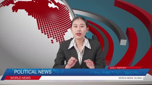 Live News Studio With Asian Professional Female Anchor Reporting On The Events Of The Day