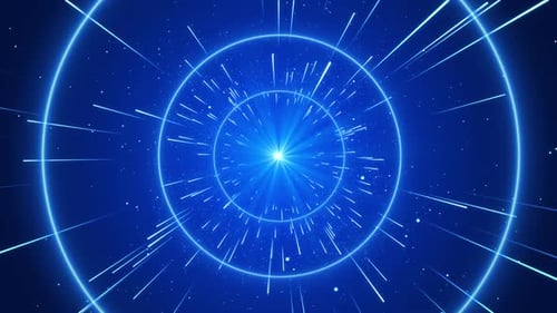 Futuristic Blue Warp Tunnel with Glowing Neon Circles and Streaks
