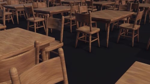 Múltiples sillas y mesa de comedor de madera vacías aisladas sobre fondo oscuro 4k