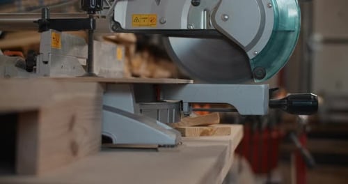 Carpenter Cuts Wood By Automatic Circular Saw Furniture Production Slow Motion Carpentry Manufacture