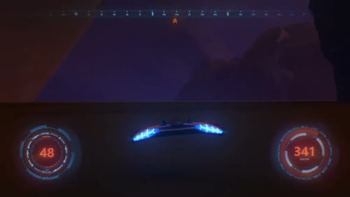 Futuristic Spaceship Flight with Digital HUD Interface