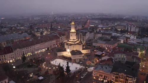 Aerial Sunset View of the Center of Ivano Frankivsk City in the Evening, Ukraine, Old Historical
