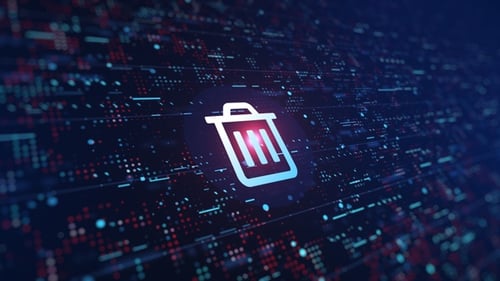 Digital Trash Can Icon Animation on Futuristic Tech Background