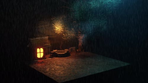 Rainy nights and warm yellow lights in the small garden, fanciful lights in the middle of a rainy