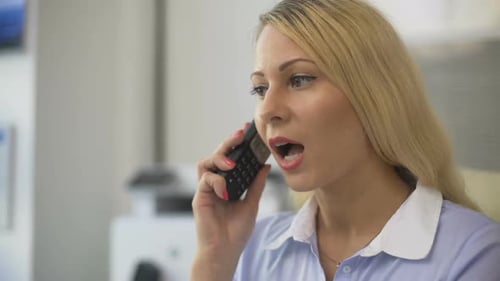Secretary Answering Phone Call and Talking With Clients at Office, Business