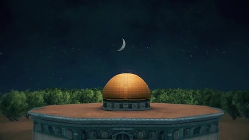 Islamic Mosque Dome Reveal with Arches, Crescent Moon, and Night Sky