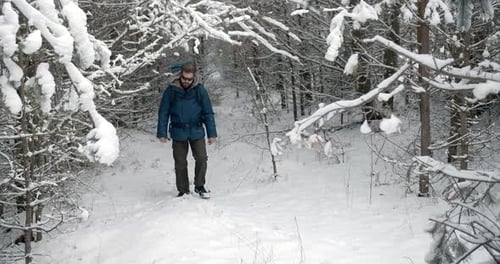 Male Tourist with Backpack Walking on Snowy Forest
