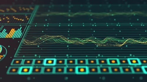 Advanced futuristic graphic interface. Displays abstract diagrams and charts.