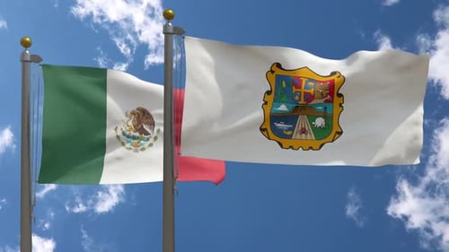 Mexico and Jalisco State Flags Waving in Sky
