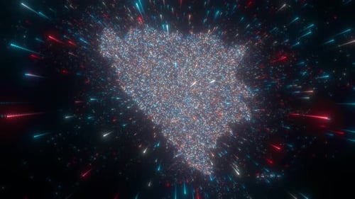 Futuristic Data Map with Glowing Particle Outline and Light Streaks