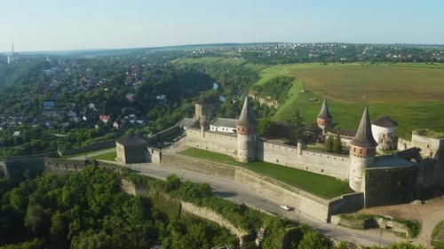 Aerial View of the Ruins of a Large Medieval Castle in Europe