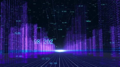 Tecnología holográfica de partículas, modelo urbano, edificio de gran altura, transbordador callejero